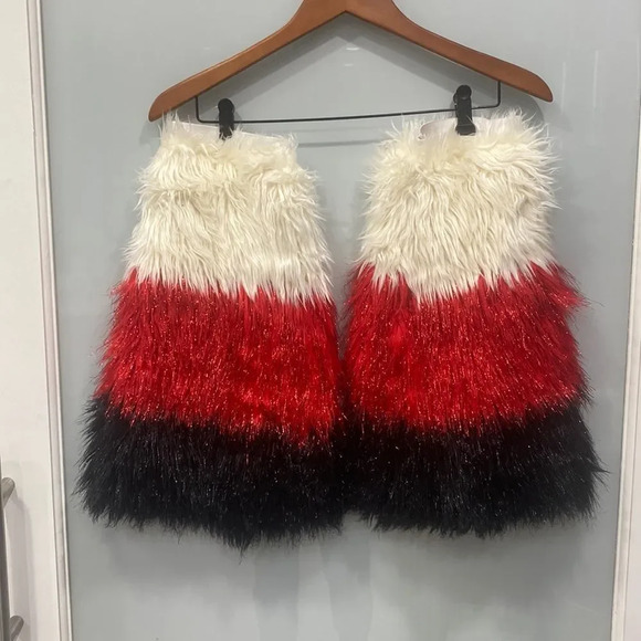 Red White Black EDC Sparkly Rave GoGo Fuzzy Fuzzies Leg Warmers Handmade - Picture 1 of 2